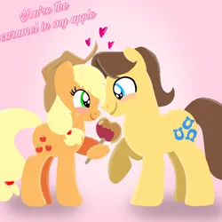 Size: 1400x1400 | Tagged: safe, artist:mlplary6, derpibooru import, applejack, caramel, earth pony, pony, blushing, carajack, caramel apple (food), female, food, gradient background, hat, heart, image, looking at each other, looking at someone, love, male, mare, png, romantic, shipping, smiling, smiling at each other, stallion, straight, text