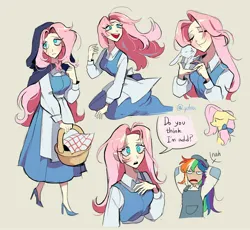 Size: 2500x2300 | Tagged: safe, artist:pelma, derpibooru import, angel bunny, fluttershy, rainbow dash, human, pegasus, pony, basket, beauty and the beast, belle, clothes, disney, disney princess, duo, female, frown, hood, humanized, image, jpeg, simple background, smiling, text
