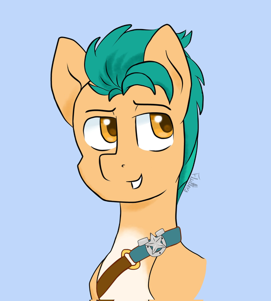 Size: 1849x2048 | Tagged: safe, artist:flutterbug18, derpibooru import, hitch trailblazer, earth pony, pony, g5, blue background, image, lidded eyes, looking right, looking up, male, png, sheriff's badge, simple background, smiling, stallion