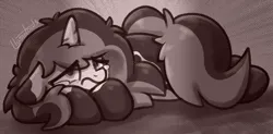 Size: 1092x538 | Tagged: safe, artist:llametsul, derpibooru import, oc, oc:creme cookie, pony, unicorn, atg 2023, depressed, female, image, mare, monochrome, newbie artist training grounds, png, sad, signature, solo