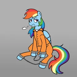 Size: 2048x2048 | Tagged: safe, artist:crypticcervine, derpibooru import, rainbow dash, bound wings, chained, chains, clothes, commissioner:rainbowdash69, frustrated, gradient background, image, never doubt rainbowdash69's involvement, png, prison outfit, prisoner rd, shackles, solo, wings