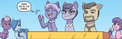 Size: 725x233 | Tagged: safe, artist:abby bulmer, derpibooru import, idw, official, unnamed character, unnamed pony, earth pony, pony, g5, spoiler:comic, spoiler:g5comic, spoiler:g5comic13, clothes, donut, foal, food, glasses, image, male, official comic, png, scarf, stallion