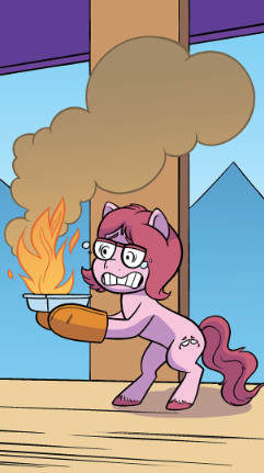 Size: 241x431 | Tagged: safe, artist:abby bulmer, derpibooru import, idw, official, unnamed character, unnamed pony, earth pony, pony, g5, spoiler:comic, spoiler:g5comic, spoiler:g5comic13, female, fire, glasses, image, mare, official comic, png, standing on two hooves
