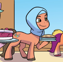 Size: 221x216 | Tagged: safe, artist:abby bulmer, derpibooru import, idw, official, unnamed character, unnamed pony, earth pony, pony, g5, spoiler:comic, spoiler:g5comic, spoiler:g5comic13, clothes, food, hijab, image, official comic, pie, png, raised hoof, smiling