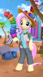 Size: 2160x3840 | Tagged: safe, artist:owlpirate, derpibooru import, fluttershy, pegasus, pony, semi-anthro, 3d, 4k, beach, clothes, female, hat, hawaiian shirt, high res, hoof hold, ice cream cone, image, looking at you, mare, png, shirt, smiling, smiling at you, solo, source filmmaker, sun hat, sunglasses, sunglasses on head