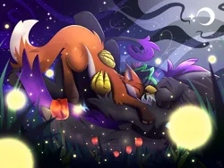 Size: 2000x1500 | Tagged: safe, artist:starcasteclipse, derpibooru import, oc, unofficial characters only, fox, gryphon, fox oc, hug, image, night, png, ship, smiling