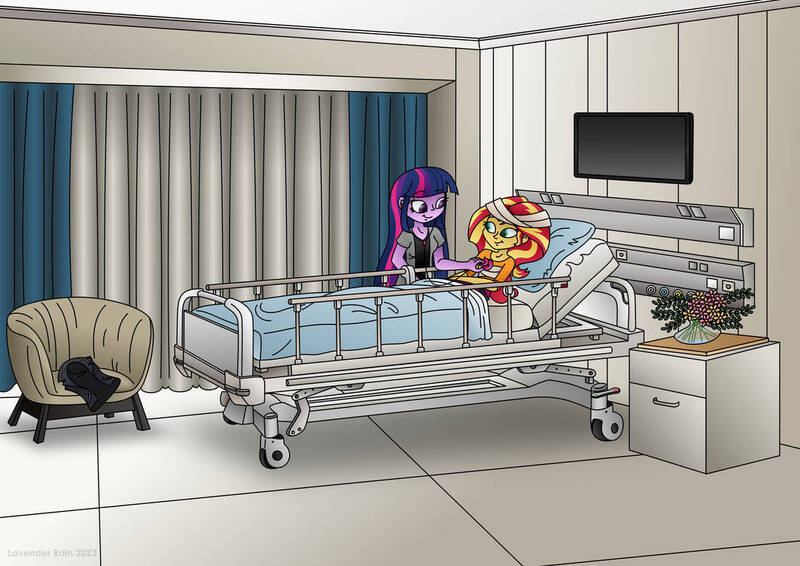 Size: 1063x752 | Tagged: safe, artist:lavenderrain24, derpibooru import, sunset shimmer, twilight sparkle, equestria girls, bandage, bed, business suit, checkup, clothes, doctor, hospital, hospital bed, image, jpeg, stethoscope