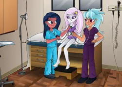 Size: 1063x752 | Tagged: safe, artist:lavenderrain24, derpibooru import, desert sage, fleur-de-lis, frosty orange, human, equestria girls, bra, checkup, clothes, cute, exam table, image, jpeg, nurse, scrubs (gear), stethoscope, underwear