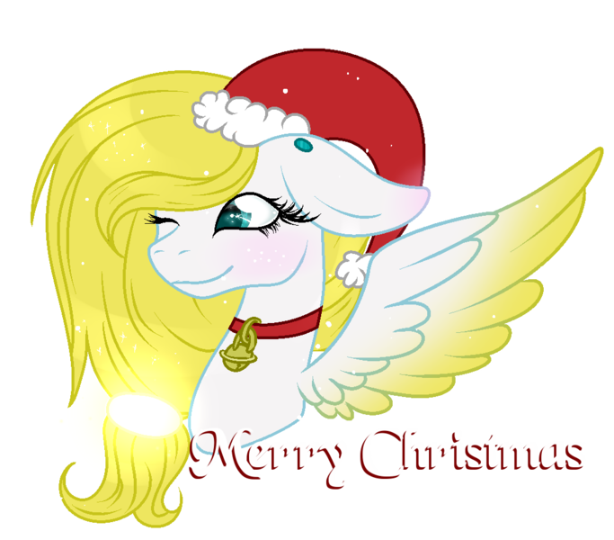 Size: 1065x936 | Tagged: safe, artist:angellightyt, derpibooru import, oc, oc:angel light, unofficial characters only, pegasus, pony, bell, bell collar, blushing, bust, christmas, collar, eyelashes, female, hat, holiday, image, mare, one ear down, one eye closed, pegasus oc, png, santa hat, simple background, smiling, solo, spread wings, transparent background, wings, wink