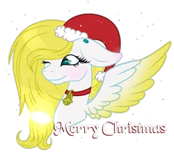 Size: 1065x936 | Tagged: safe, artist:angellightyt, derpibooru import, oc, oc:angel light, unofficial characters only, pegasus, pony, bell, bell collar, blushing, bust, christmas, collar, eyelashes, female, hat, holiday, image, mare, one ear down, one eye closed, pegasus oc, png, santa hat, simple background, smiling, solo, spread wings, transparent background, wings, wink