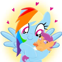 Size: 1400x1400 | Tagged: safe, artist:mlplary6, derpibooru import, rainbow dash, scootaloo, pegasus, pony, fanfic:my little scootaloo, adopted offspring, baby, baby pony, carrying, diaper, female, filly, foal, heart, image, looking at each other, looking at someone, mare, momma dash, mother and child, mother and daughter, parent:rainbow dash, png, scootadoption, scootalove, smiling, smiling at each other