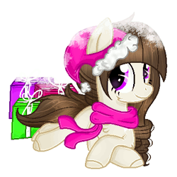Size: 400x400 | Tagged: safe, artist:angellightyt, derpibooru import, oc, unofficial characters only, earth pony, pony, animated, barely animated, base used, christmas, clothes, earth pony oc, eyelashes, female, gif, hat, holiday, image, mare, present, santa hat, scarf, simple background, smiling, transparent background