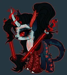 Size: 2436x2724 | Tagged: safe, artist:justsadluna, derpibooru import, oc, unofficial characters only, pony, unicorn, black sclera, female, glow, glowing horn, gray background, horn, image, katana, magic, mare, png, simple background, smiling, solo, sword, tattoo, telekinesis, unicorn oc, weapon