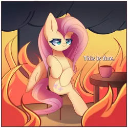 Size: 2400x2400 | Tagged: safe, artist:miryelis, derpibooru import, fluttershy, ponified, pegasus, pony, big ears, burning, chair, cup, cute, female, fire, image, long hair, meme, png, redraw, shyabetes, signature, sitting, smiling, smoke, solo, text, this is fine, wings