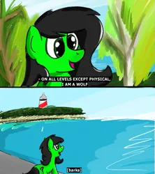 Size: 499x562 | Tagged: safe, artist:valeidem, derpibooru import, oc, oc:anonfilly, unofficial characters only, earth pony, pony, 2 panel comic, barking, comic, drawthread, female, filly, image, lighthouse, meme, ocean, png, ponified meme, solo, subtitles, water