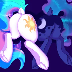 Size: 2000x2000 | Tagged: safe, artist:dankpegasista, derpibooru import, princess celestia, princess luna, alicorn, pony, ass up, blue background, blue tail, butt, colored lineart, dock, duo, ethereal tail, female, frog (hoof), image, large butt, long tail, mare, moonbutt, multicolored tail, plot, png, shading, shiny hair, siblings, simple background, sisters, soft shading, sunbutt, tail, tail aside, transparent tail, underhoof, unshorn fetlocks, wavy tail
