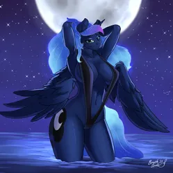 Size: 2661x2667 | Tagged: suggestive, artist:brushstroke, derpibooru import, princess luna, alicorn, anthro, unguligrade anthro, absolute cleavage, arm behind head, armpits, belly button, bikini, breasts, busty princess luna, cleavage, clothes, female, full moon, high res, image, looking at you, moon, png, signature, sling bikini, smiling, smiling at you, solo, solo female, starry night, stars, swimsuit, water