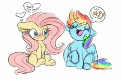 Size: 2546x1683 | Tagged: safe, artist:littleblackraencloud, derpibooru import, fluttershy, rainbow dash, pegasus, pony, blushing, chest fluff, colored sketch, cute, duo, duo female, eyes closed, female, floppy ears, flutterdash, heart shaped, image, jpeg, lesbian, mare, open mouth, open smile, pictogram, shipping, shyabetes, simple background, sitting, sketch, smiling, speech bubble, thought bubble, white background