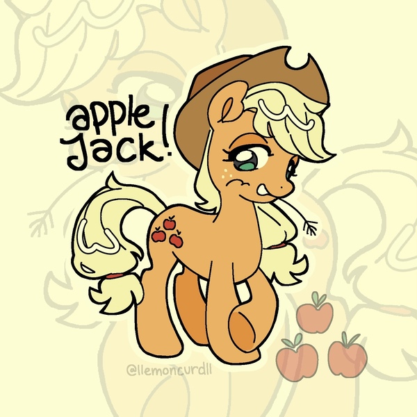 Size: 1522x1522 | Tagged: safe, artist:llemoncurdll, derpibooru import, part of a set, applejack, earth pony, pony, apple, applejack's hat, cowboy hat, cutie mark, female, food, hat, image, jpeg, mare, name, signature, solo, straw in mouth