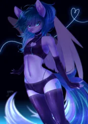 Size: 2500x3500 | Tagged: suggestive, artist:yuozka, derpibooru import, oc, oc:lucid mirage, unofficial characters only, anthro, pegasus, abstract background, aeroverse, breasts, choker, chromatic aberration, clothes, delicious flat chest, female, fingerless gloves, gloves, grin, image, latex, latex bra, latex gloves, latex panties, latex stockings, panties, png, smiling, socks, solo, solo female, stockings, thigh highs, thong, underwear, wings