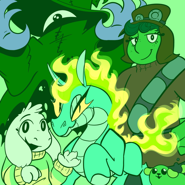 Size: 1280x1280 | Tagged: safe, artist:leafytaffyart, derpibooru import, dragon, hybrid, longma, them's fightin' herds, asriel dreemurr, community related, image, looking at you, mane of fire, png, tail, tail of fire, tianhuo (tfh), undertale