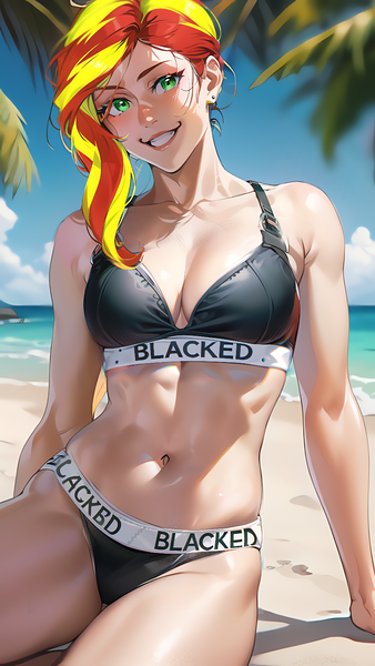 Size: 864x1536 | Tagged: suggestive, derpibooru import, machine learning generated, novelai, stable diffusion, sunset shimmer, human, equestria girls, ai content, beach, belly button, bikini, bikini bottom, bikini top, black bikini, blacked, breasts, busty sunset shimmer, clothes, humanized, image, midriff, ocean, palm tree, png, pose, reasonably sized breasts, sand, sexy, sitting, smiling, stupid sexy sunset shimmer, sultry pose, swimsuit, thighs, tree, water