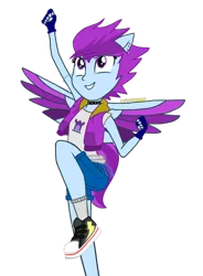Size: 1060x1440 | Tagged: safe, artist:kylexisliner, derpibooru import, human, equestria girls, equestria girls series, g5, run to break free, spoiler:eqg series (season 2), clothes, converse, female, image, jacket, jumping, png, ponied up, shirt, shoes, smiling, solo, spread wings, vector, wings, zoom zephyrwing