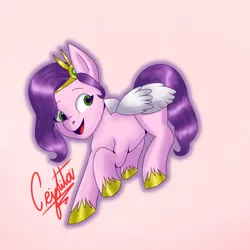 Size: 1280x1280 | Tagged: safe, artist:cjv2004, derpibooru import, pipp petals, pegasus, pony, g5, female, image, looking back, mare, open mouth, open smile, pink background, png, signature, simple background, smiling, tail, unshorn fetlocks, wings