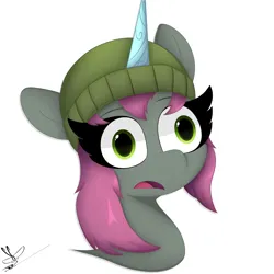 Size: 3000x3000 | Tagged: safe, artist:daftramms, derpibooru import, pony, unicorn, g5, my little pony: a new generation, draw this in your style, female, hat, horn, image, mare, mint grove, open mouth, png, scene interpretation, signature, simple background, solo, white background, wide eyes