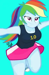 Size: 720x1103 | Tagged: safe, artist:flutteryaylove, derpibooru import, rainbow dash, equestria girls, blouse, clothes, converse, equestria girls 10th anniversary, image, miniskirt, png, running, shoes, simple background, skirt, smiling, sports