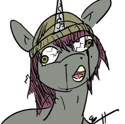 Size: 1084x1080 | Tagged: semi-grimdark, artist:biscotti5000, derpibooru import, pony, unicorn, g5, my little pony: a new generation, bleeding eyes, blood, bloodshot eyes, derp, draw this in your style, female, hat, horn, image, mare, mint grove, nosebleed, open mouth, png, scene interpretation, simple background, solo, white background, wide eyes