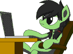Size: 618x460 | Tagged: editor needed, source needed, safe, artist:wingedwolf94, banned from derpibooru, color edit, edit, unauthorized edit, oc, oc:anonfilly, unofficial characters only, :t, alternate hairstyle, animated, blinking, colored, computer, crossed legs, female, flipnote studio, frame by frame, gif, image, laptop computer, lidded eyes, looking at you, monochrome, reaction image, simple background, sitting, solo, unamused, white background