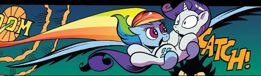 Size: 534x157 | Tagged: safe, artist:andypriceart, derpibooru import, edit, edited screencap, idw, screencap, rainbow dash, rarity, pegasus, pony, unicorn, spoiler:comic102, catching, comic, comic panel, cropped, duo, holding a pony, image, large wings, png, screencap comic, wings