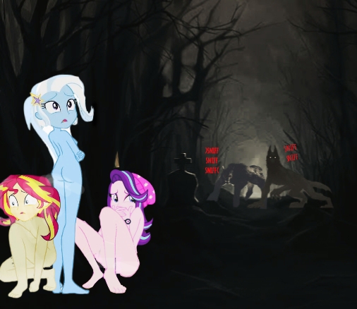 Size: 506x438 | Tagged: suggestive, derpibooru import, edit, edited edit, starlight glimmer, sunset shimmer, trixie, human, werewolf, equestria girls, barefoot, barefooting, breasts, covering, covering mouth, edit of an edit of an edit, feet, female, forest, forest background, glimmer prey, hide, hiding, hunting, image, jpeg, male, monster, nudity, smell, smelling, sniffing, sunset prey, tracking, tree, trixie prey, werewolves