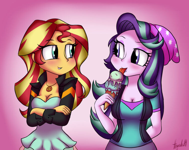 Size: 1024x811 | Tagged: safe, artist:queentigrel, derpibooru import, starlight glimmer, sunset shimmer, human, equestria girls, mirror magic, spoiler:eqg specials, 2017, :p, beanie, blushing, breasts, cleavage, clothes, crossed arms, duo, duo female, eyebrows, female, food, geode of empathy, hat, ice cream, ice cream cone, image, jacket, jewelry, jpeg, leather, leather jacket, lesbian, magical geodes, necklace, raised eyebrow, reasonably sized breasts, shimmerglimmer, shipping, smiling, that human sure does love ice cream, tongue out