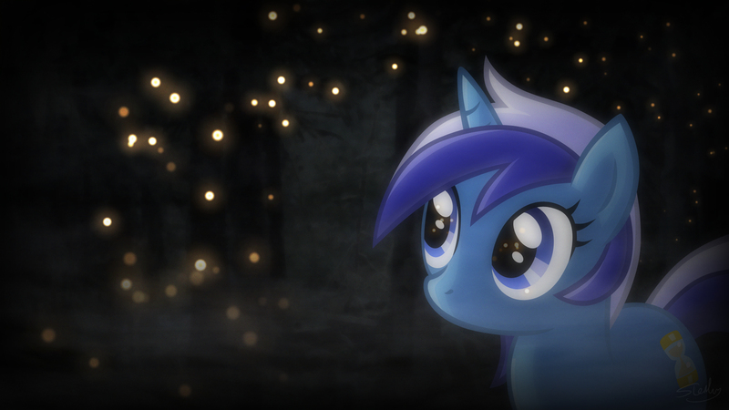 Size: 1920x1080 | Tagged: safe, artist:sterlingpony, derpibooru import, minuette, firefly (insect), insect, pony, unicorn, female, forest, image, jpeg, mare, night, solo, song cover, tree, wallpaper