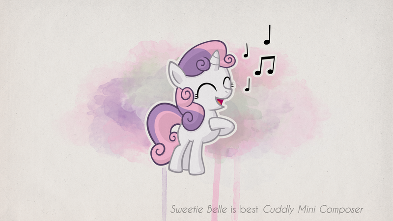 Size: 3840x2160 | Tagged: safe, artist:sterlingpony, derpibooru import, sweetie belle, pony, unicorn, eyes closed, female, filly, foal, high res, image, music notes, outline, png, singing, solo, wallpaper