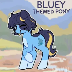 Size: 1080x1080 | Tagged: safe, artist:nawnii, derpibooru import, oc, ponified, pony, background, bluey, cutie mark, image, jpeg, ponysona, raised hoof, signature, spots, text