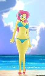 Size: 960x1624 | Tagged: suggestive, artist:aboimages03, derpibooru import, fluttershy, butterfly, human, insect, equestria girls, beach, belly button, bikini, bikini bottom, bikini top, clothes, cloud, female, grin, hairclip, image, legs, looking down, midriff, nervous, nervous grin, outdoors, png, sandals, sky, smiling, solo, solo female, swimsuit