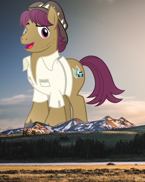 Size: 2761x3456 | Tagged: safe, artist:cheezedoodle96, derpibooru import, edit, editor:jaredking779, snap shutter, earth pony, pony, clothes, giant pony, hat, high res, highrise ponies, image, irl, jpeg, macro, male, mountain, mountain range, photo, ponies in real life, scenery, shirt, solo, stallion, story included, yellowstone national park