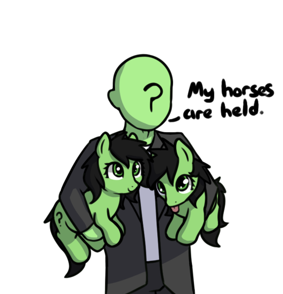 Size: 687x716 | Tagged: safe, artist:cutelewds, artist:neuro, derpibooru import, oc, oc:anon, oc:anonfilly, unofficial characters only, earth pony, human, pony, :p, cute, dialogue, female, filly, hold your horses, holding a pony, image, literal, male, png, pun, simple background, smiling, tongue out, transparent background, trio