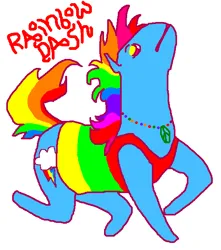 Size: 563x637 | Tagged: safe, artist:seniorpony, derpibooru import, rainbow dash, earth pony, pony, clothes, image, jewelry, ms paint, necklace, no nose, peace sign, png, rainbow dash always dresses in style, shirt, simple background, solo, stylistic suck, text, white background