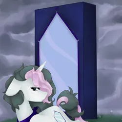 Size: 3000x3000 | Tagged: safe, artist:namiiarts, derpibooru import, oc, oc:hollow mirror, unofficial characters only, pony, unicorn, album cover, cloud, cloudy, female, floppy ears, frown, high res, image, looking sideways, mare, mirror, monolith, neckerchief, png, solo, turned head