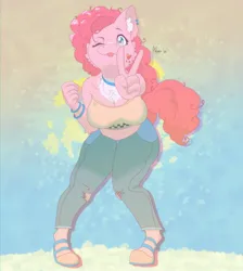 Size: 2289x2558 | Tagged: safe, artist:mooons, derpibooru import, pinkie pie, anthro, earth pony, pony, unguligrade anthro, :p, abstract background, belly button, bracelet, breasts, busty pinkie pie, cheek fluff, chest fluff, cleavage, clothes, cute, cute little fangs, denim, ear fluff, fangs, female, high res, image, jeans, jewelry, jpeg, looking at you, mare, one eye closed, pants, peace sign, smiling, smiling at you, solo, tongue out, wink, winking at you