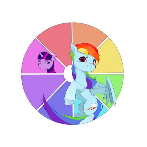 Size: 1000x1000 | Tagged: safe, artist:pascal571, derpibooru import, rainbow dash, twilight sparkle, pegasus, pony, unicorn, art challenge, color wheel, color wheel challenge, duo, female, frown, image, jpeg, looking at you, mare, simple background, smiling, smiling at you, twilight sparkle is not amused, unamused, white background