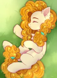 Size: 1833x2500 | Tagged: safe, artist:leah minik, derpibooru import, pear butter, earth pony, pony, chest fluff, cute, ear fluff, eyes closed, female, flower, flower in hair, full body, grass, grass field, hair tie, image, lying down, mare, orange mane, orange tail, pearabetes, png, redraw, side, solo, tail
