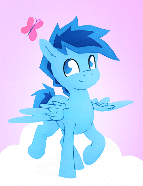 Size: 743x961 | Tagged: safe, artist:replacer808, derpibooru import, oc, oc:happy dream, unofficial characters only, butterfly, insect, pegasus, pony, cloud, gradient background, image, looking at something, male, on a cloud, png, smiling, solo, standing on a cloud, standing on two hooves