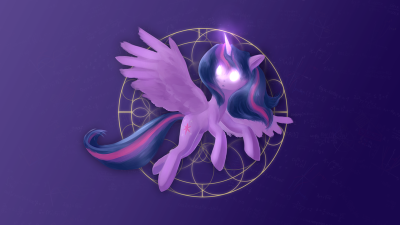 Size: 3840x2160 | Tagged: safe, artist:replacer808, derpibooru import, twilight sparkle, twilight sparkle (alicorn), alicorn, pony, :o, female, flying, glow, glowing eyes, glowing horn, high res, horn, image, long mane, magic, magic circle, mare, open mouth, png, solo, turned head, wallpaper