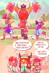 Size: 1031x1530 | Tagged: safe, artist:sockiepuppetry, derpibooru import, ocellus, prince rutherford, princess ember, smolder, thorax, yona, changedling, changeling, human, ;p, cheerleader, cheerleader outfit, clothes, comic, crossdressing, dialogue, embarrassed, eyes closed, facepalm, female, horn, horned humanization, horns, humanized, image, king thorax, laughing, male, mobile phone, one eye closed, open mouth, open smile, phone, png, pom pom, smartphone, smiling, speech bubble, tongue out