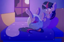 Size: 3856x2560 | Tagged: suggestive, artist:zalakir, derpibooru import, twilight sparkle, twilight sparkle (alicorn), alicorn, pony, bed, bedsheets, cute, diaper, diaper fetish, fetish, image, looking at you, lying down, moon, on back, open mouth, open smile, png, poofy diaper, smiling, urine, wet diaper, window